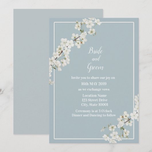 Stoffige blauw-witte bloemenuitnodiging kaart (Voorkant / Achterkant)