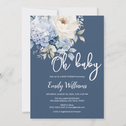Stoffige blauw-witte bloemenuitnodiging voor baby  kaart (Voorkant)