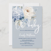 Stoffige blauw-witte bloemenuitnodiging voor baby  kaart (Voorkant)