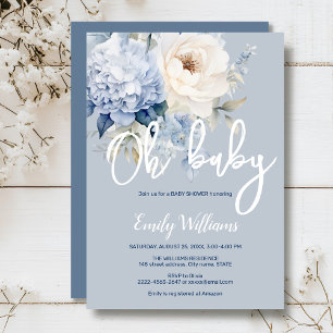 Stoffige blauw-witte bloemenuitnodiging voor baby  kaart