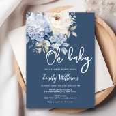 Stoffige blauw-witte bloemenuitnodiging voor baby  kaart