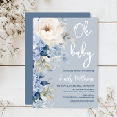 Stoffige blauw-witte bloemenuitnodiging voor baby  kaart