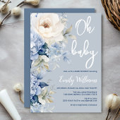 Stoffige blauw-witte bloemenuitnodiging voor baby  kaart