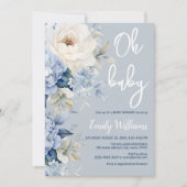Stoffige blauw-witte bloemenuitnodiging voor baby  kaart (Voorkant)