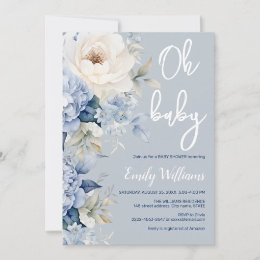Stoffige blauw-witte bloemenuitnodiging voor baby  kaart (Voorkant)