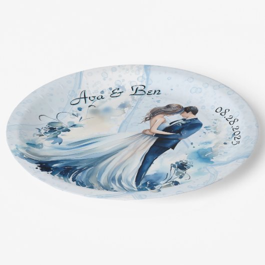 Stoffige blauwe alcohol inkt bruid & bruidegom bru papieren bordje (Gekanteld)