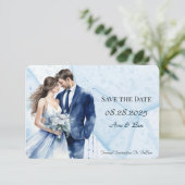 Stoffige blauwe alcohol inkt bruid en bruidegom save the date (Staand voorkant)
