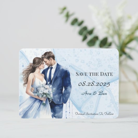 Stoffige blauwe alcohol inkt bruid en bruidegom save the date (Staand voorkant)