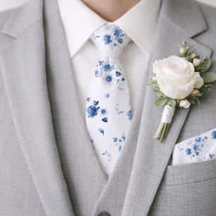 Stoffige Blauwe Aquarel Bloem Huwelijk Dasje Stropdas