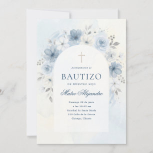 Stoffige Blauwe Aquarel Bloemboog Jongen Bautizo Kaart