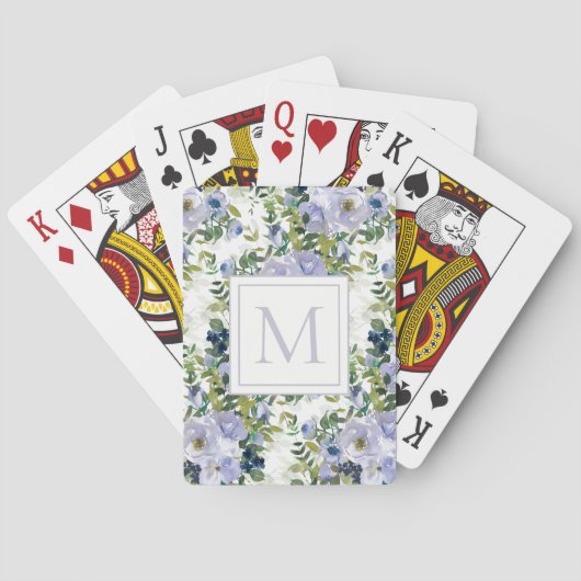 Stoffige Blauwe Aquarel Bloemen Monogram Pokerkaarten (Achterkant)