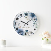 Stoffige Blauwe Aquarel Bloemen Zilver Elegant Grote Klok (Huis)