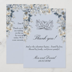 Stoffige Blauwe Aquarel Bloemen Zwaan Bruiloft Bedankkaart