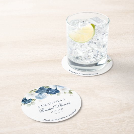 Stoffige Blauwe Aquarel Bloemrijke Script Bruidsme Ronde Kartonnen Onderzetter (Insitu)