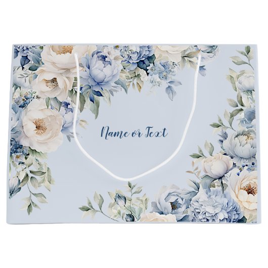 Stoffige Blauwe Aquarel Ivoren Bloemen Bladeren La Groot Cadeauzakje (Voorkant)