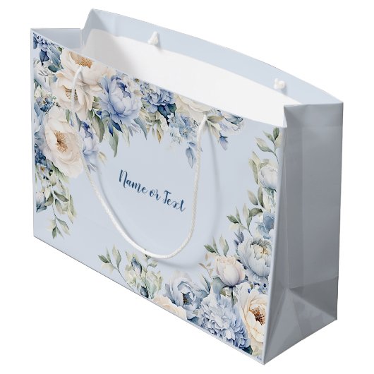 Stoffige Blauwe Aquarel Ivoren Bloemen Bladeren La Groot Cadeauzakje (Achterkant Gekanteld)