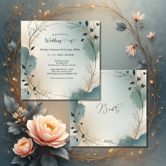 Stoffige blauwe beige boho chic bladkrans bruiloft kaart