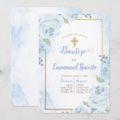 Stoffige blauwe bloem doop uitnodiging (Voorkant / Achterkant)