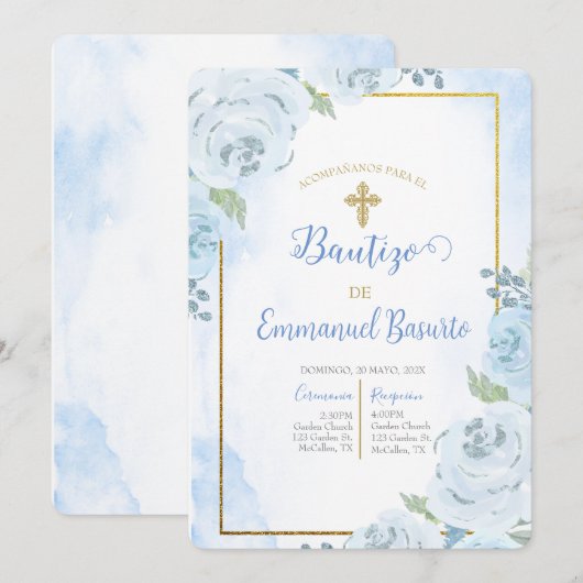 Stoffige blauwe bloem doop uitnodiging (Voorkant / Achterkant)