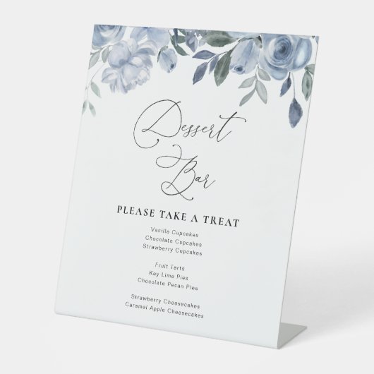 stoffige blauwe bloemen bruiloft Dessert bar teken Reclamebord Met Voetstuk (Voorkant)