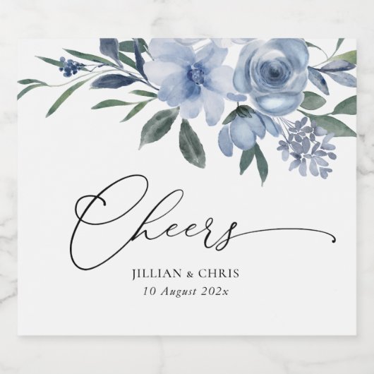 stoffige blauwe bloemen bruiloft sparkling wijnetiket (Enkel label)
