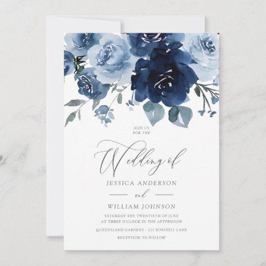 Stoffige blauwe bloemen Elegante bruiloft Kaart (Voorkant)