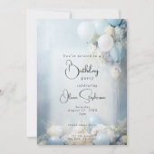 Stoffige Blauwe Bloemen en Ballonnen QR Verjaardag Kaart (Voorkant)