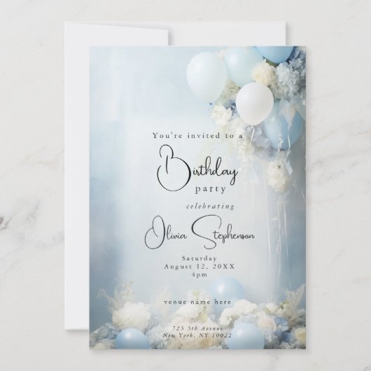 Stoffige Blauwe Bloemen en Ballonnen QR Verjaardag Kaart (Voorkant)