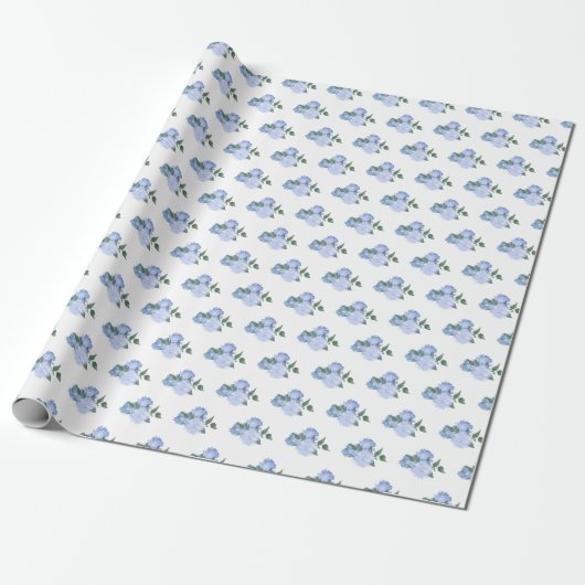 Stoffige blauwe bloemen en groen patroon cadeaupapier (Uitgerold)