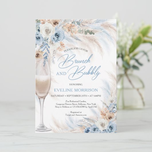 Stoffige blauwe bloemen en pampa's brunch en bubbe kaart (Staand voorkant)