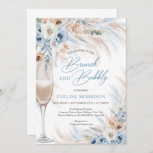 Stoffige blauwe bloemen en pampa's brunch en bubbe kaart (Voorkant / Achterkant)