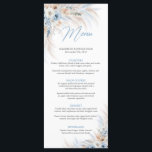Stoffige blauwe bloemen en pampa's gras bruiloft d menu<br><div class="desc">Elegant Boho Blue Floral en Ivory Rozen Pampas Grass huwelijksdiner menu Dit stijlvolle trendy design is ideaal voor alle boho of tropical style events. Het ontwerp is voorzien van waterverf handbeschilderde pampasgras, reeds gemengde gedroogde palmbladeren, gemengde stoffige blauwbloemen en lichtblauwe rozen en gemengde witte en ivoren bloemen en gemengde neutrale...</div>