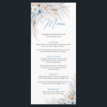 Stoffige blauwe bloemen en pampa's gras bruiloft d menu<br><div class="desc">Elegant Boho Blue Floral en Ivory Rozen Pampas Grass huwelijksdiner menu Dit stijlvolle trendy design is ideaal voor alle boho of tropical style events. Het ontwerp is voorzien van waterverf handbeschilderde pampasgras, reeds gemengde gedroogde palmbladeren, gemengde stoffige blauwbloemen en lichtblauwe rozen en gemengde witte en ivoren bloemen en gemengde neutrale...</div>