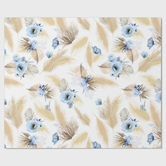 Stoffige Blauwe Bloemen en Pampasgras Elegant Cadeaupapier (Vlak)