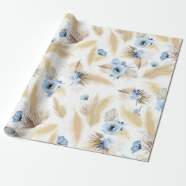 Stoffige Blauwe Bloemen en Pampasgras Elegant Cadeaupapier