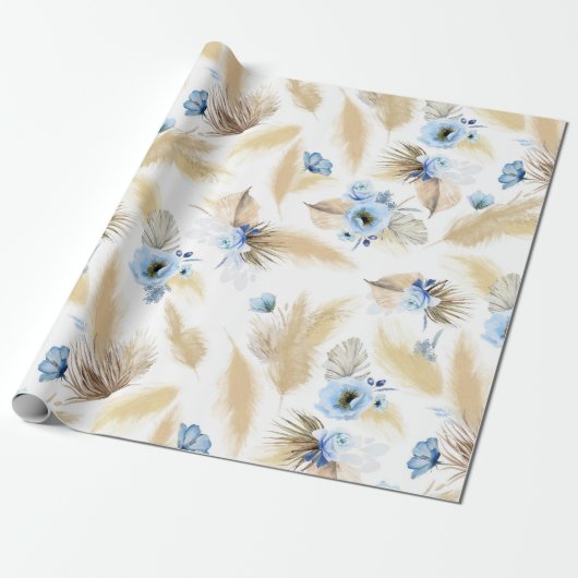 Stoffige Blauwe Bloemen en Pampasgras Elegant Cadeaupapier (Uitgerold)
