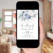 Stoffige Blauwe Bloemen Foto QR Code Boog Huwelijk Kaart