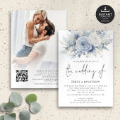 Stoffige Blauwe Bloemen Foto QR Code Bruiloft Kaart