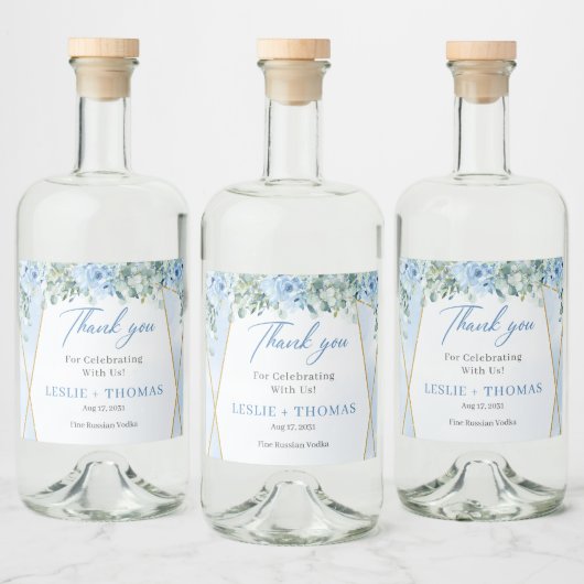 Stoffige blauwe bloemen goud geometrische eucalypt likeurfles etiket (Flessen)