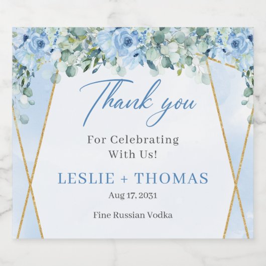 Stoffige blauwe bloemen goud geometrische eucalypt likeurfles etiket (Enkel label)