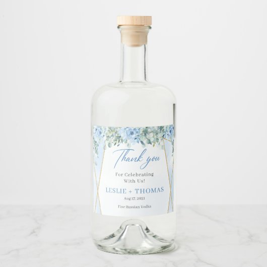 Stoffige blauwe bloemen goud geometrische eucalypt likeurfles etiket (Voorkant)