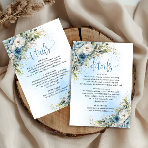 Stoffige Blauwe Bloemen Gouden Trouw Details Inzet RSVP Kaartje