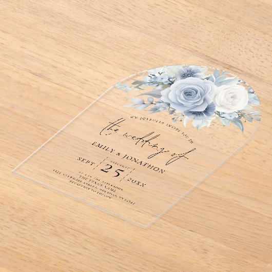 Stoffige Blauwe Bloemen Huwelijk Acryl Acryl Uitnodigingen (Laagn)