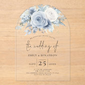 Stoffige Blauwe Bloemen Huwelijk Acryl Acryl Uitnodigingen (Voorkant)