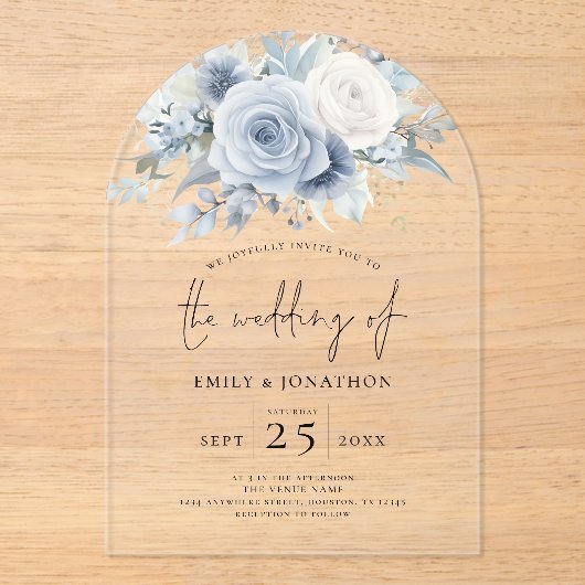 Stoffige Blauwe Bloemen Huwelijk Acryl Acryl Uitnodigingen (Voorkant)