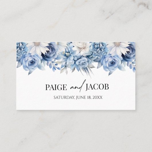 Stoffige Blauwe Bloemen Huwelijk Plaatskaartje (Achterkant)
