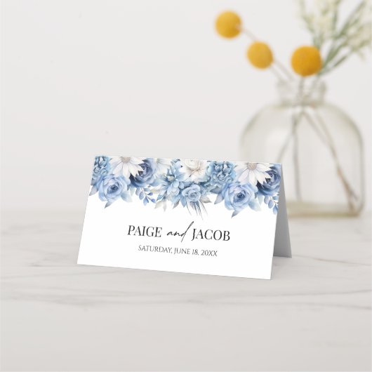 Stoffige Blauwe Bloemen Huwelijk Plaatskaartje (Achterkant)