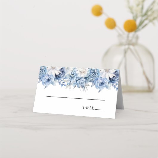 Stoffige Blauwe Bloemen Huwelijk Plaatskaartje (Voorkant)