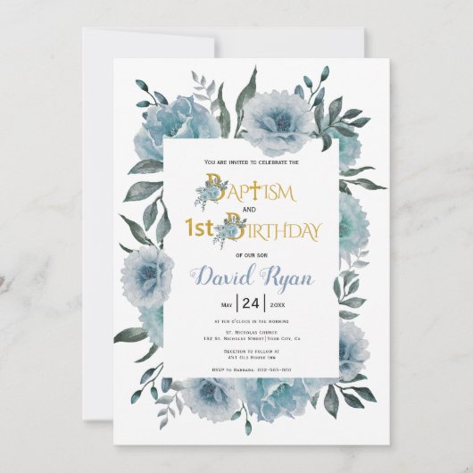 Stoffige blauwe bloemen jongen doop en 1e verjaard kaart (Voorkant)