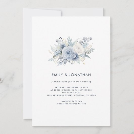 Stoffige Blauwe Bloemen Marine Tekst QR Code Bruil Kaart (Voorkant)